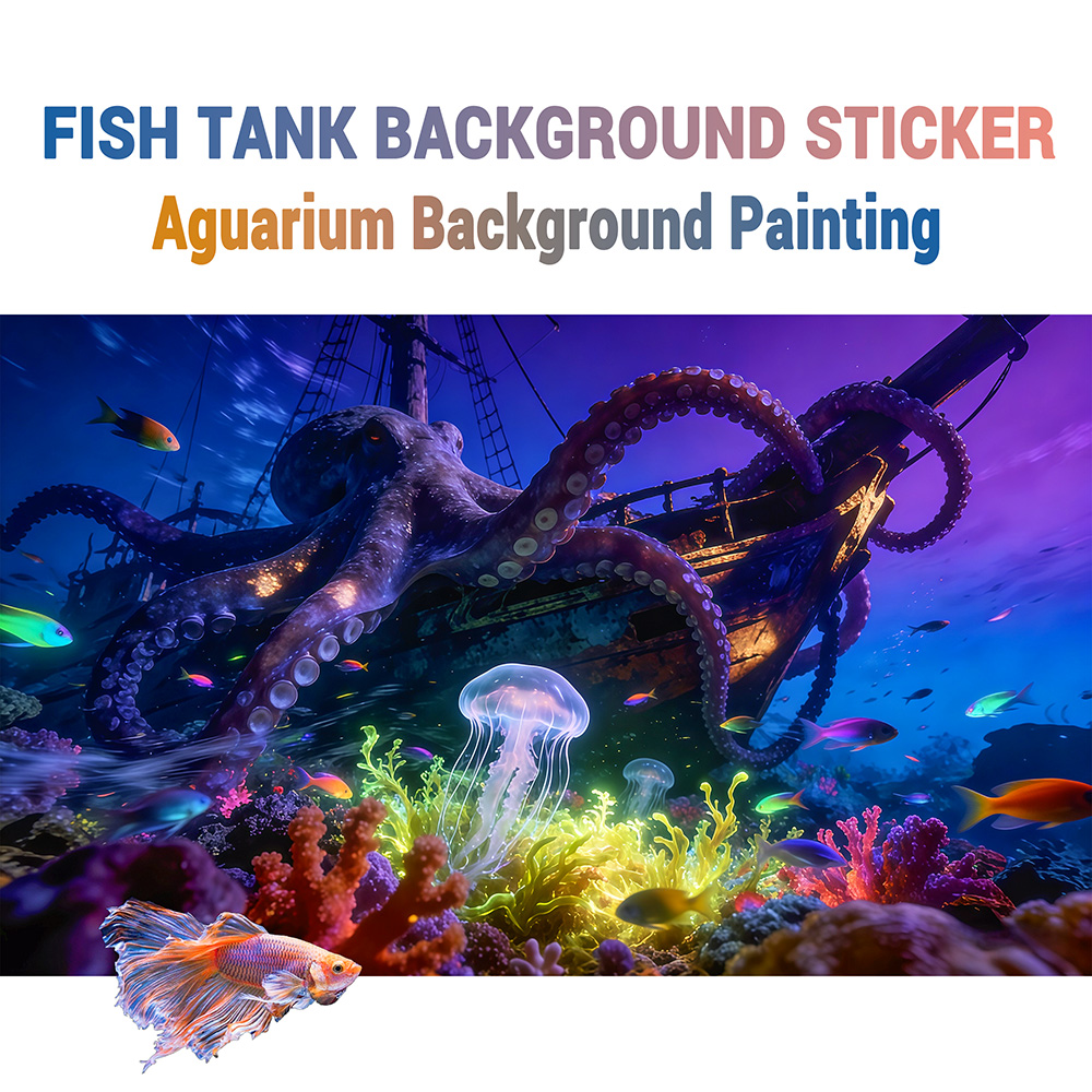 Aquarium Fish Paradise - สติกเกอร์ติดพื้นหลังตู้ปลา ลาย Octopus Paradise สติกเกอร์แบบมีกาวในตัวสำหรับตู้ปลาและตู้เลี้ยงสัตว์เลื้อยคลาน