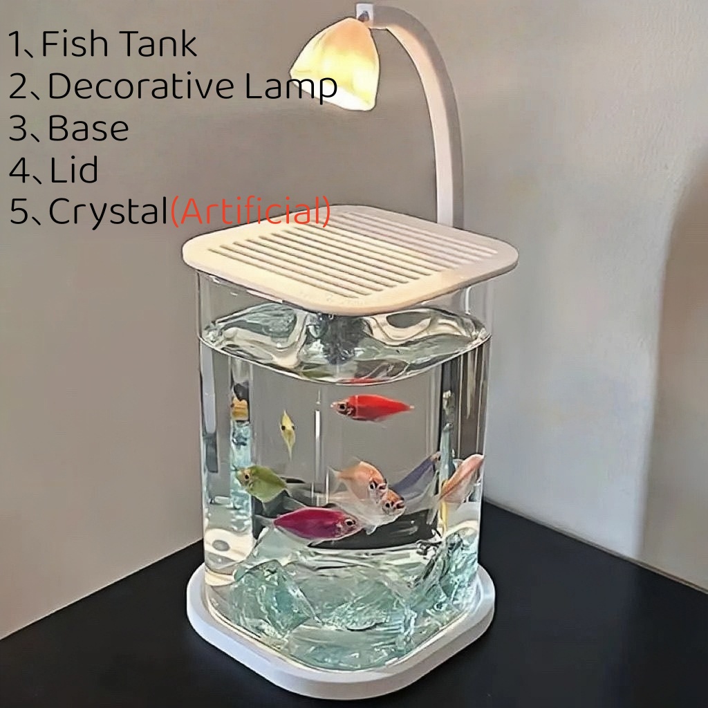 Aquarium Fish Low Maintenance - ตู้ปลาขนาดเล็กแบบไม่มีกรอบพร้อมฝาปิดและไฟ LED มีช่องระบายอากาศ ปลอดภัยด้วยแรงดันไฟฟ้าต่ำ 36V ตู้ปลาตั้งโต๊ะแบบพกพาหรือดูแลรักษาง่าย