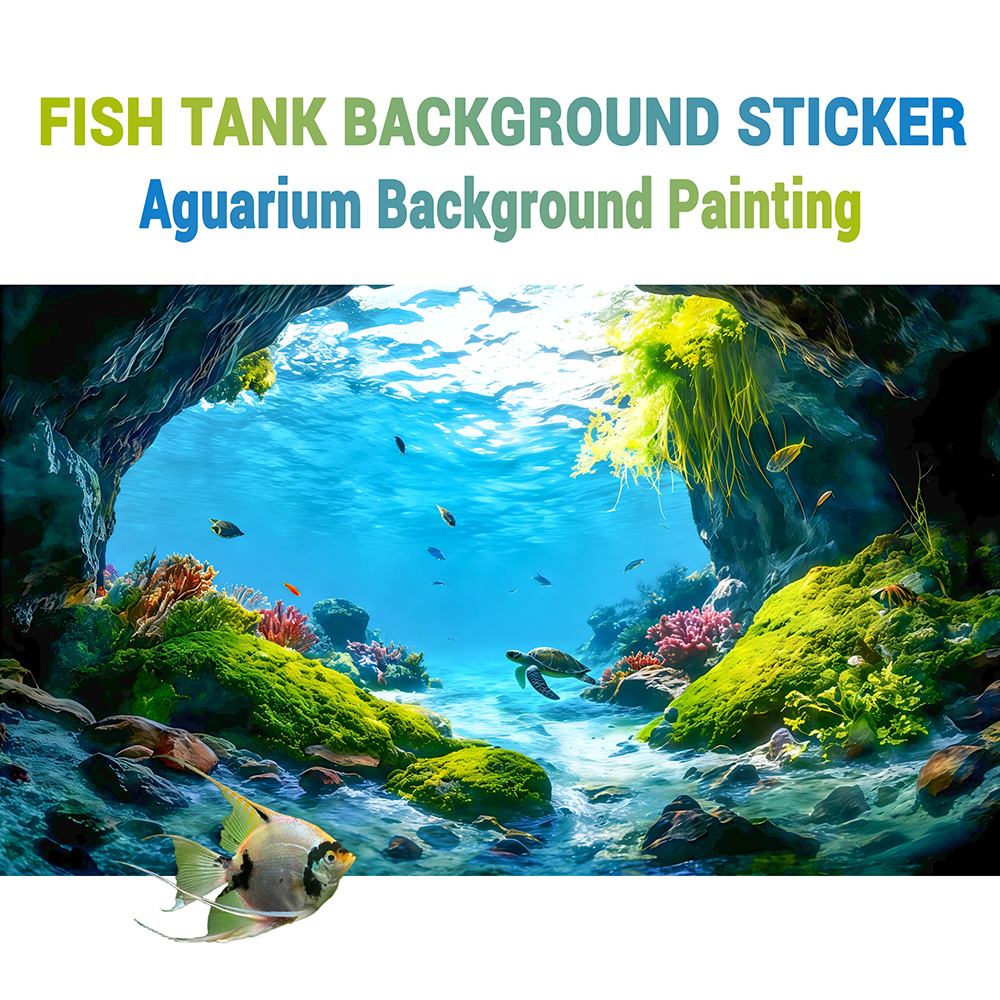 Aquarium Fish Paradise - เทอร์เทิล เคฟ พาราไดซ์, ภาพวาดพื้นหลังตู้ปลา, สติกเกอร์ภาพวาดตู้ปลา, แบบติดด้านหน้า,