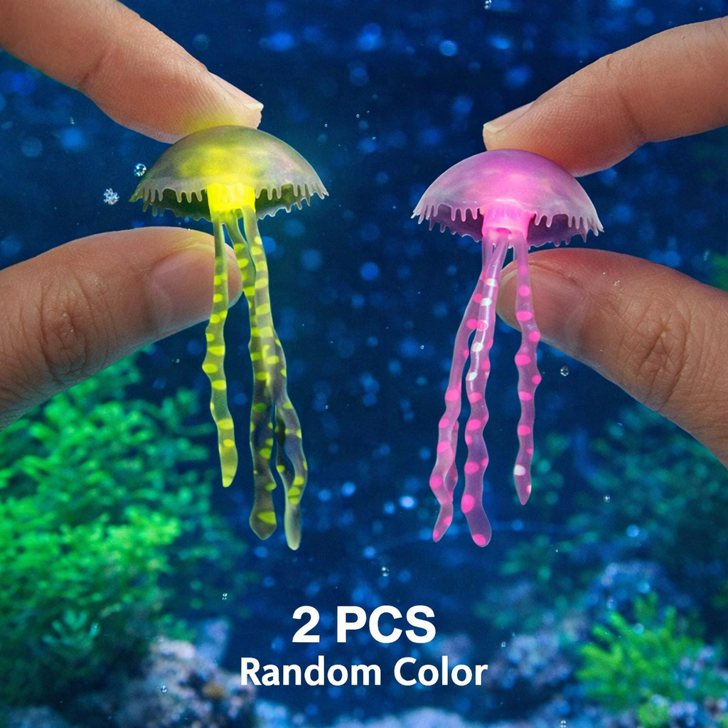 Fish Toys For Aquarium - แมงกะพรุนจำลองเรืองแสง 2 ชิ้น สีสุ่ม ของตกแต่งตู้ปลาลอยน้ำ ตกแต่งภูมิทัศน์ใต้น้ำ