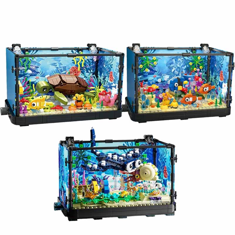 Aquarium Mini Fish - ชุดบล็อกตัวต่อตู้ปลาพร้อมไฟ，ตู้ปลา，เต่าทะเล，ของเล่นตัวต่อสำหรับเด็กอายุ 14 ปีขึ้นไป，ของขวัญ，ของตกแต่งบ้าน